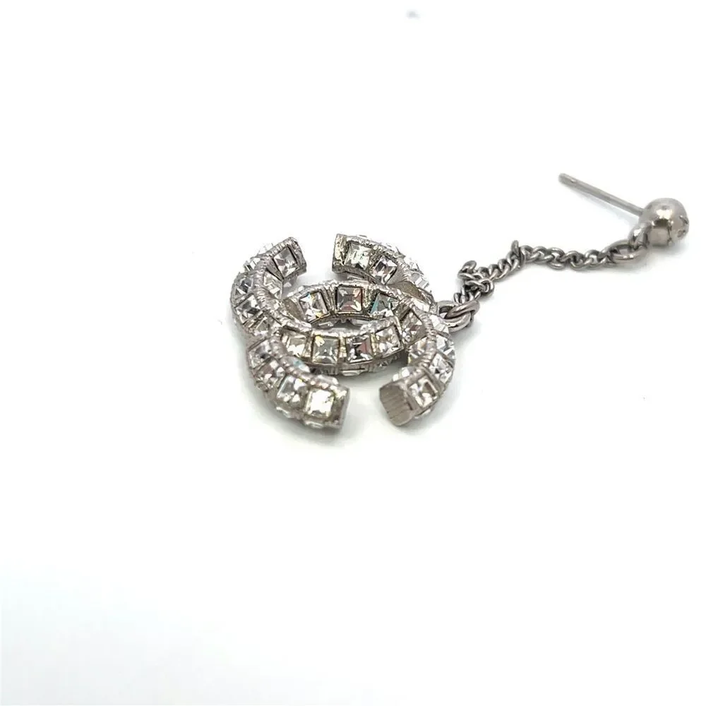 CHANEL Baguette Crystal CC Drop Earrings Silver